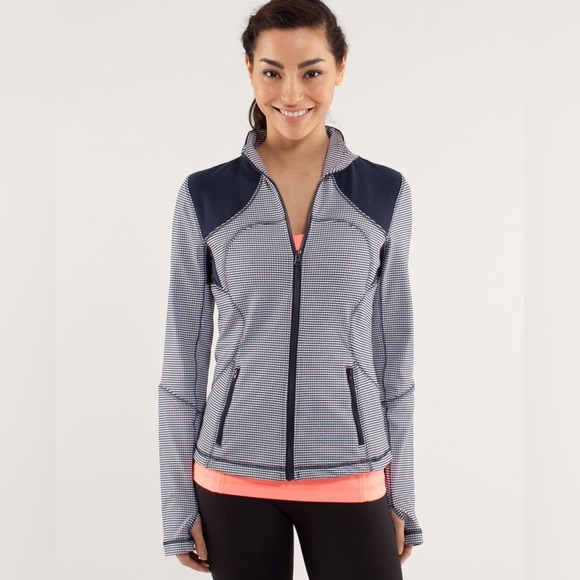 Lululemon Forme Navy Gingham Plaid Full Zip Jacket in Inkwell Size 12 - Picture 1 of 8